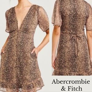 Abercrombie & Fitch Snake Print Short Sleeve V Neck Button Through Sheer Dress M
